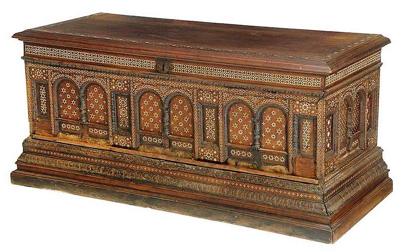 Appraisal: Moorish Carved and Inlaid Lift Top Chest probably North African