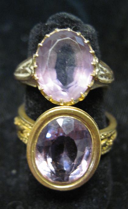 Appraisal: Two yellow gold and amethyst ringsOne bezel set with a