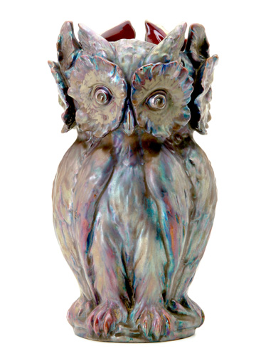 Appraisal: ZSOLNAY Vase molded with three owls and covered in lustered