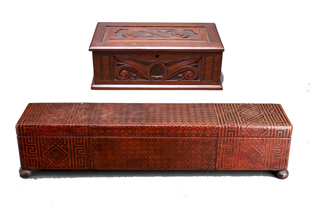 Appraisal: Embossed Leather Carved Wood Boxes Embossed leather box with geometric