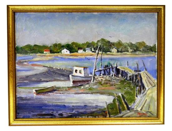 Appraisal: Roger Dennis American - The Dock oil on board coastal