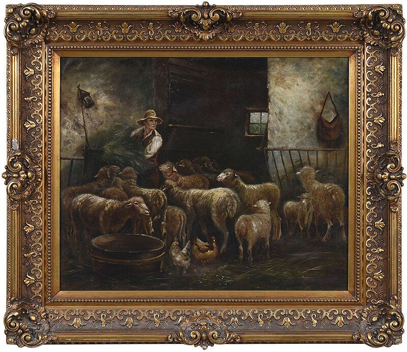 Appraisal: Continental School Painting th century Feeding the Sheep signed lower