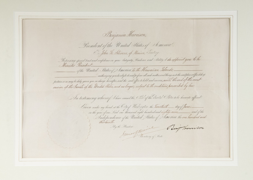 Appraisal: PRESIDENT BENJAMIN HARRISON APPOINTMENT OF JOHN STEVENS FROM MAINE AS