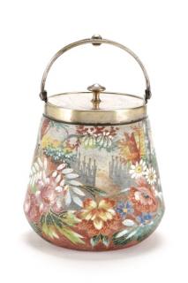 Appraisal: WMF Silver Tapestry Ware Painted Biscuit Barrel WMFor Wurttembergische Metallwarenfabrik