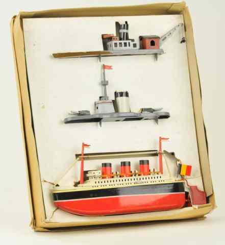 Appraisal: ARNOLD BOXED BOAT SET Germany c 's lithographed tin set