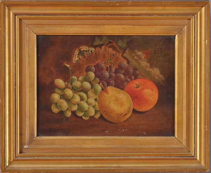 Appraisal: ENGLISH SCHOOL STILL LIFE WITH FRUIT AND MOTH Oil on