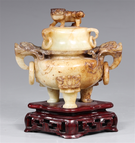 Appraisal: Chinese carved chicken bone jade covered tripod censor the squat