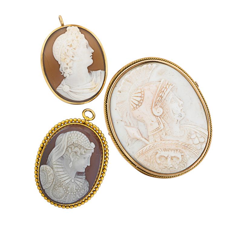 Appraisal: THREE VICTORIAN GOLD MOUNTED CAMEOS Condition Report Shell cameo has