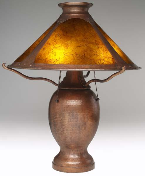 Appraisal: BENEDICT Table lamp its hammered copper three-socket base topped by