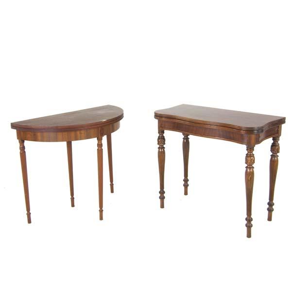 Appraisal: MAHOGANY GAME TABLES One demi-lune with reeded legs the other