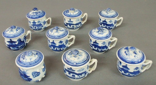 Appraisal: Nine Canton mustard pots th c blue and white h