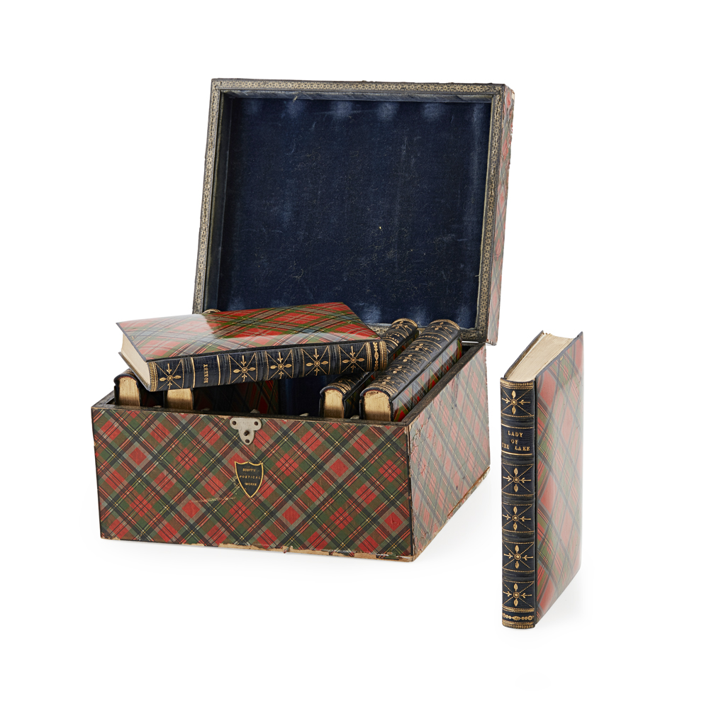 Appraisal: A MAUCHLINE 'TARTAN WARE' BOOK BOX WITH VOLUMES BY SIR