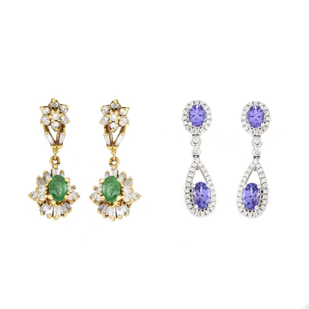 Appraisal: Two Pair Gemstone Diamond and K Gold Earrings Vintage Emerald