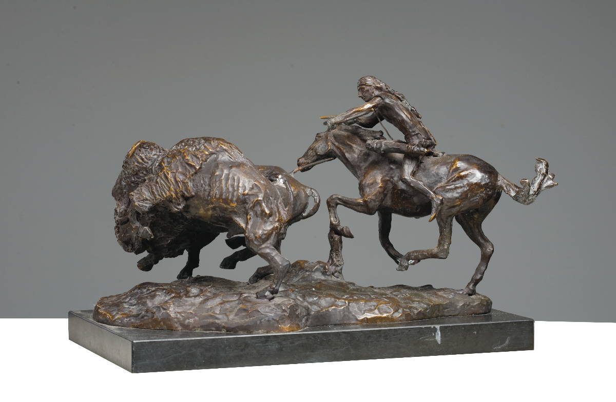 Appraisal: BRONZE FIGURAL GROUP quot BUFFALO RUNNER quot AFTER CHARLES M