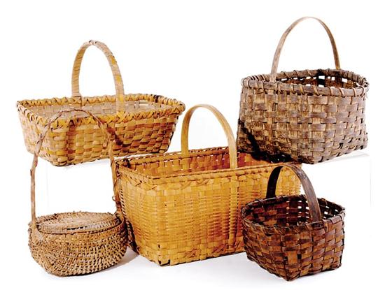 Appraisal: Five split oak baskets American four rectangular bentwood baskets having