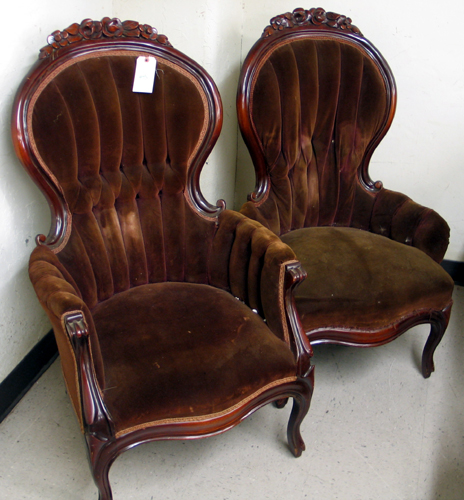 Appraisal: VICTORIAN STYLE MAHOGANY LADY'S AND GENTLEMAN'S ARMCHAIRS American mid th