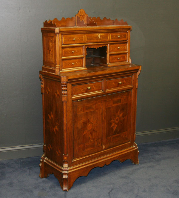 Appraisal: Hand made folk art parquetry cabinet folding sewing table unique