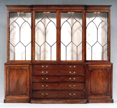 Appraisal: Fine Chippendale mahogany breakfront upper case with removable dentil cornice