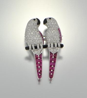 Appraisal: A Ruby and Diamond Parrot Brooch k white gold brooch