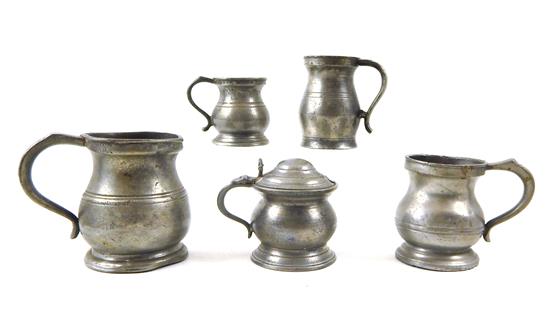 Appraisal: Five pieces of early pewter some English four measures of