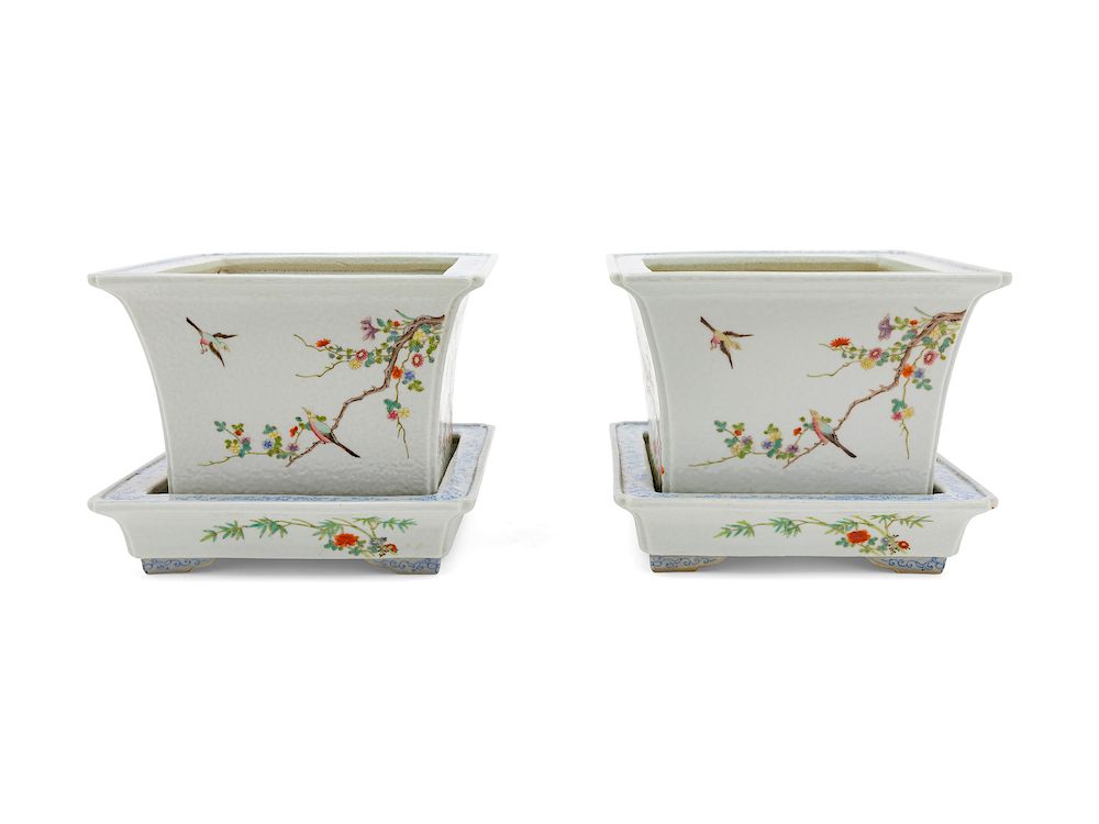 Appraisal: A Pair of Famille Rose Porcelain Square Flower Pots and