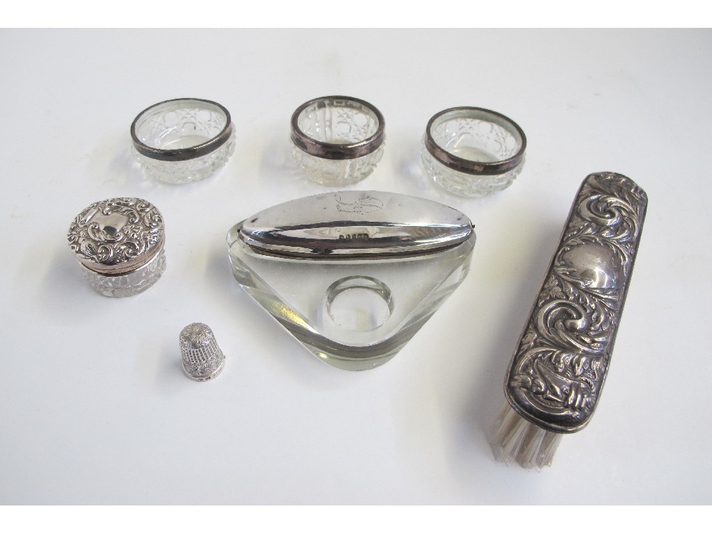 Appraisal: Lot comprising silver nail buff silver mounted salts brush jar