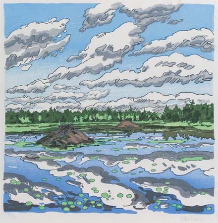 Appraisal: NEIL WELLIVER Lake Landscape Color woodcut circa x mm x