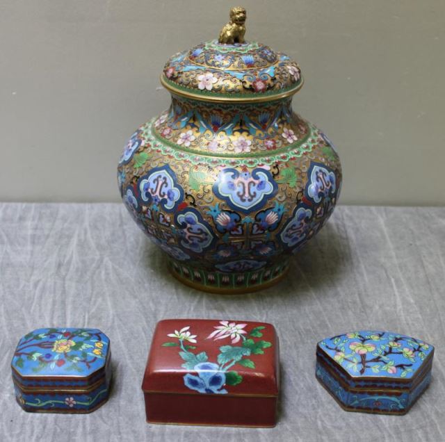 Appraisal: Vintage Chinese Cloisonne Lot Includes a raised enamel and gilded