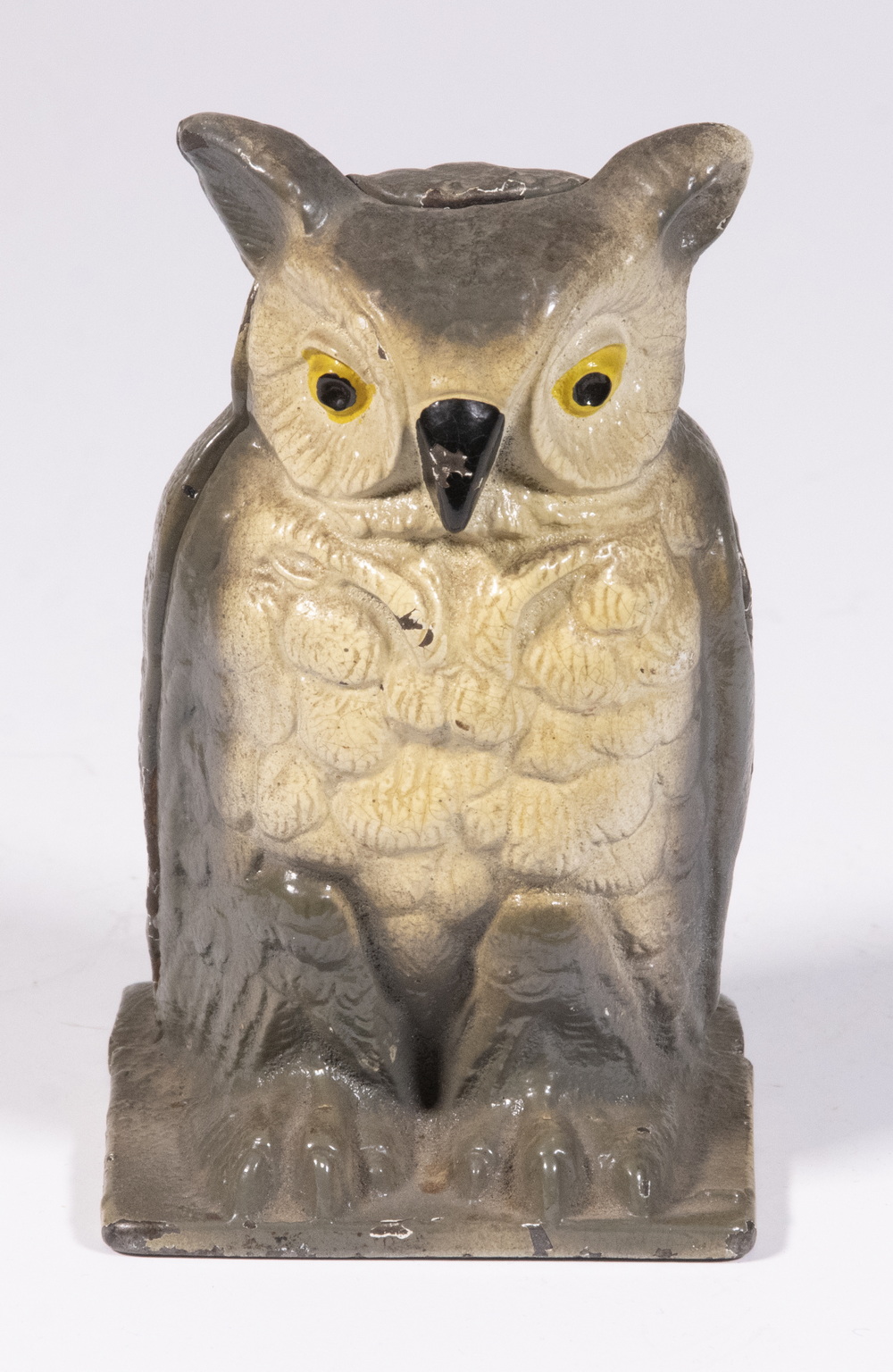 Appraisal: VINDEX CAST IRON OWL BANK Circa Painted Iron Figural Still