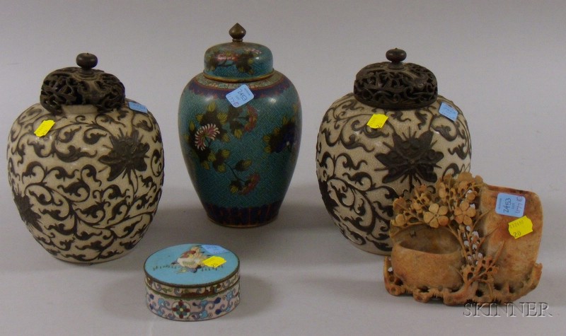 Appraisal: Five Asian Items a pair of covered urns ht in