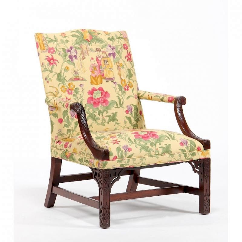 Appraisal: George III Upholstered Arm Chair circa mahogany Chinese fretwork carving