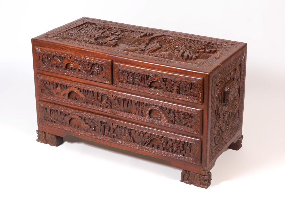 Appraisal: CARVED CHINESE LOW CHEST Profusely carved all over with oriental