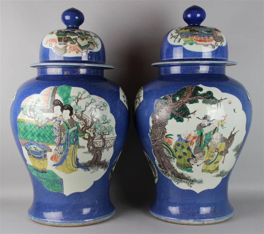 Appraisal: PAIR OF CHINESE FAMILLE VERTE AND POWDER BLUE-GROUND LARGE JARS