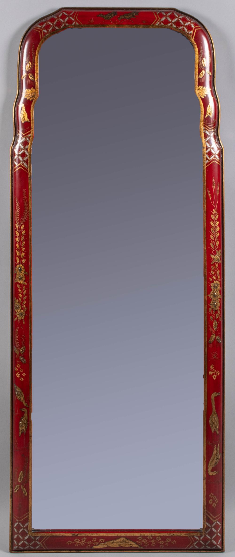 Appraisal: QUEEN ANNE STYLE GILT SCARLET LACQUERED MIRROR the arched divided