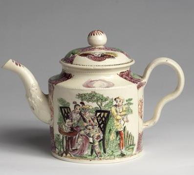 Appraisal: WILLIAM GREATBATCH CREAMWARE 'HARLEQUIN AND COLUMBINE' TEAPOT AND COVER -