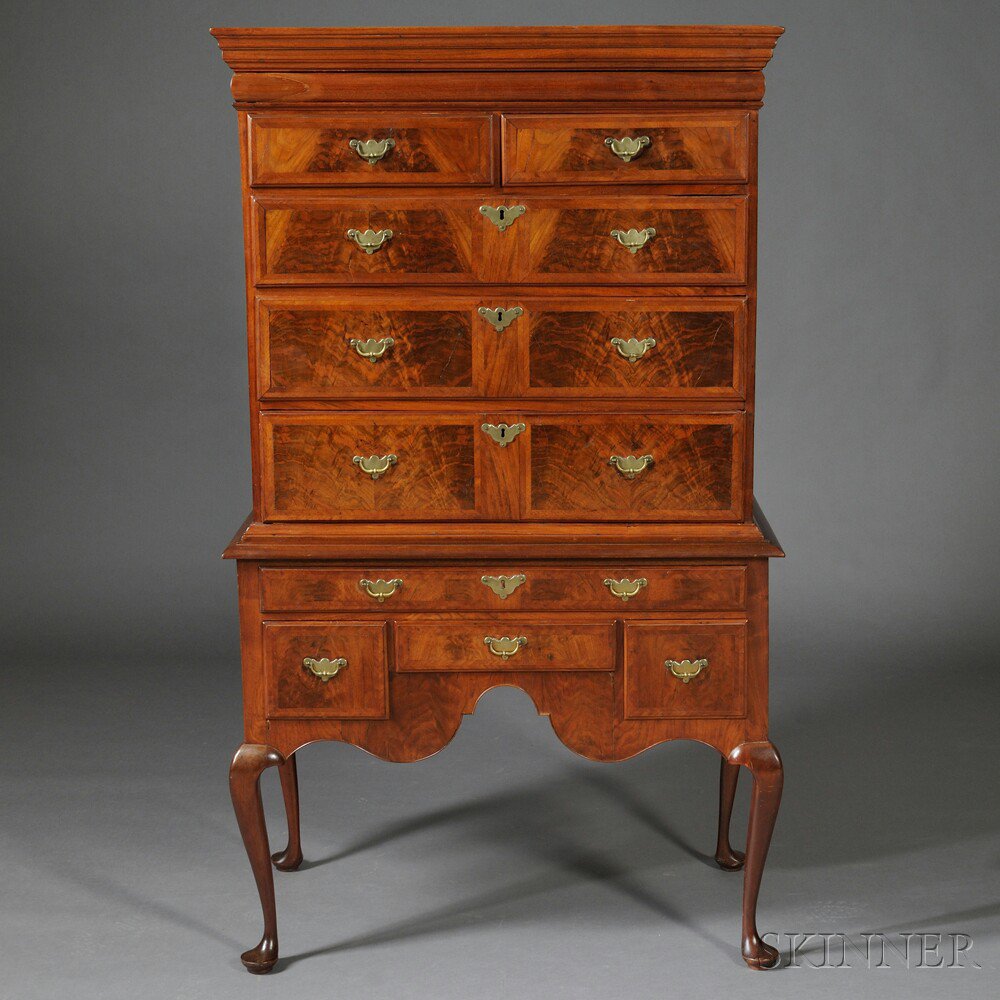 Appraisal: Queen Anne Maple Walnut and Walnut Veneer High Chest of