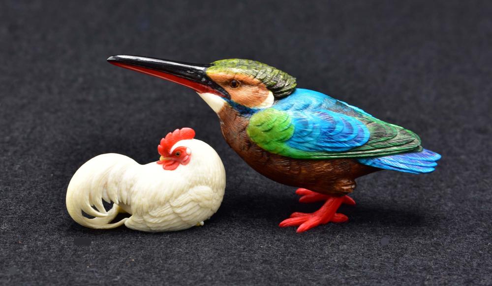 Appraisal: JAPANESE POLYCHROME PAINTED KINGFISHER CHICKENBoth signed Colorfully painted realistically carved