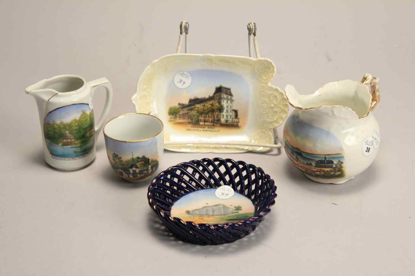 Appraisal: FIVE PIECES OF SOUVENIR CHINA Saratoga Lake '' creamer Made