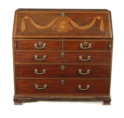 Appraisal: A George III mahogany bureau with later marquetry and satinwood