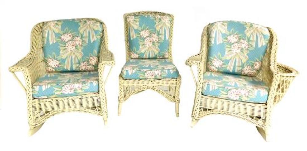 Appraisal: Three white wicker chairs including two rockers each h x