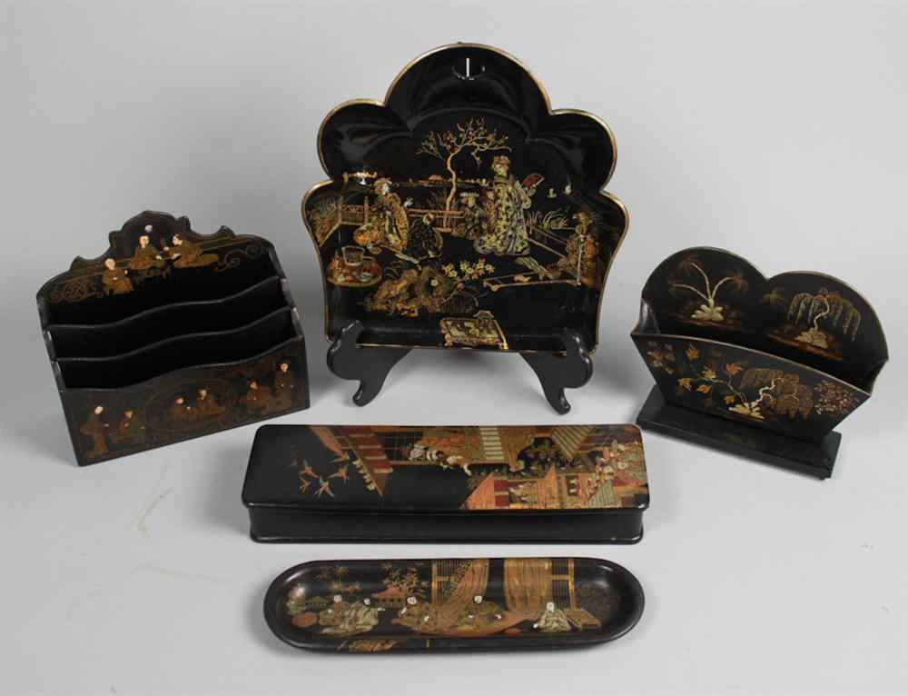 Appraisal: FIVE LACQUER TABLE OBJECTS PROBABLY ENGLISH TH CENTURY Including two