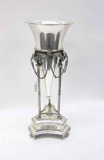 Appraisal: TRI-FOOTED SILVERPLATE VASE two sections cone shape vase in fitted