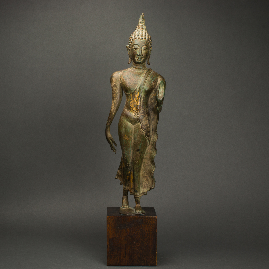 Appraisal: THAI BRONZE STANDING BUDDHA Thai bronze standing Buddha with stand