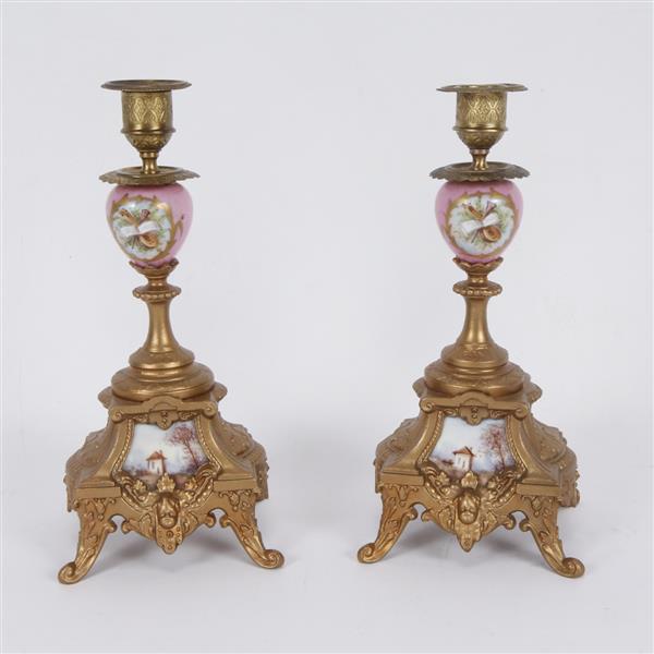 Appraisal: Pair French Sevres style porcelain candlesticks with hand painted scenic