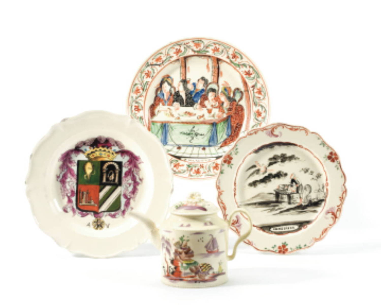 Appraisal: FOUR ENGLISH CREAMWARE ENAMEL-DECORATED WARES COMPRISING A WILLIAM GREATBATCH TEAPOT