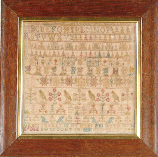 Appraisal: EARLY ENGLISH NEEDLEWORK SAMPLER BY GRACE BARRET Two alpha rows