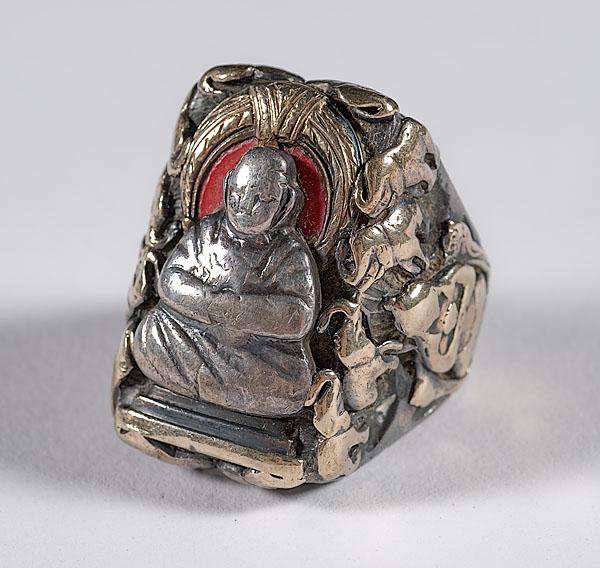 Appraisal: CHINESE BUDDHIST SILVER GOLD AND ENAMEL MENS RING massive finger