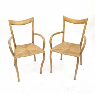 Appraisal: Pair of French Armchairs Pair of French oak and rush