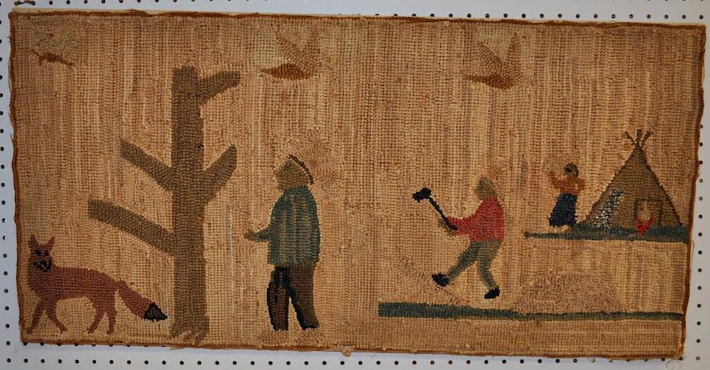 Appraisal: American Folk Art Pictorial Hooked Rug depicting a hunter and