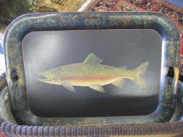 Appraisal: Tole Decorated Tin Tray rainbow trout design '' x ''